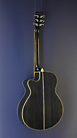 Tanglewood Black Shadow Winterleaf, black finished acoustic guitar with pickup in Folk shape with solid spruce top and mahogany on back and sides, with cutaway, back view